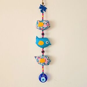 Wall Decorating 3 Colorful Fabric Chickens and Blue Glass Devil eye Handmade